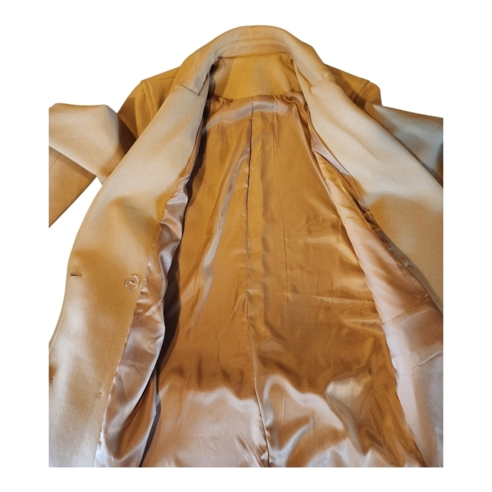 On Trend Camel Double-Breasted Long Coat Small Notch Lapel Fully Lined Classic - Picture 7 of 9